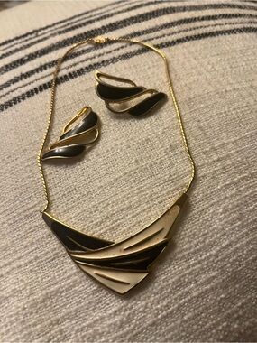 Gold-Tone Black Enamel Wave Necklace & Earrings Set